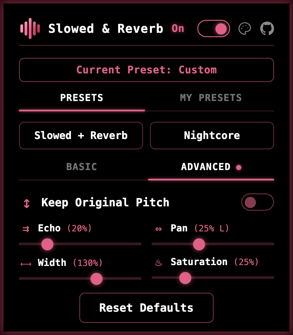 The Advanced tab of the popup, showing echo, pan, width, and saturation sliders.