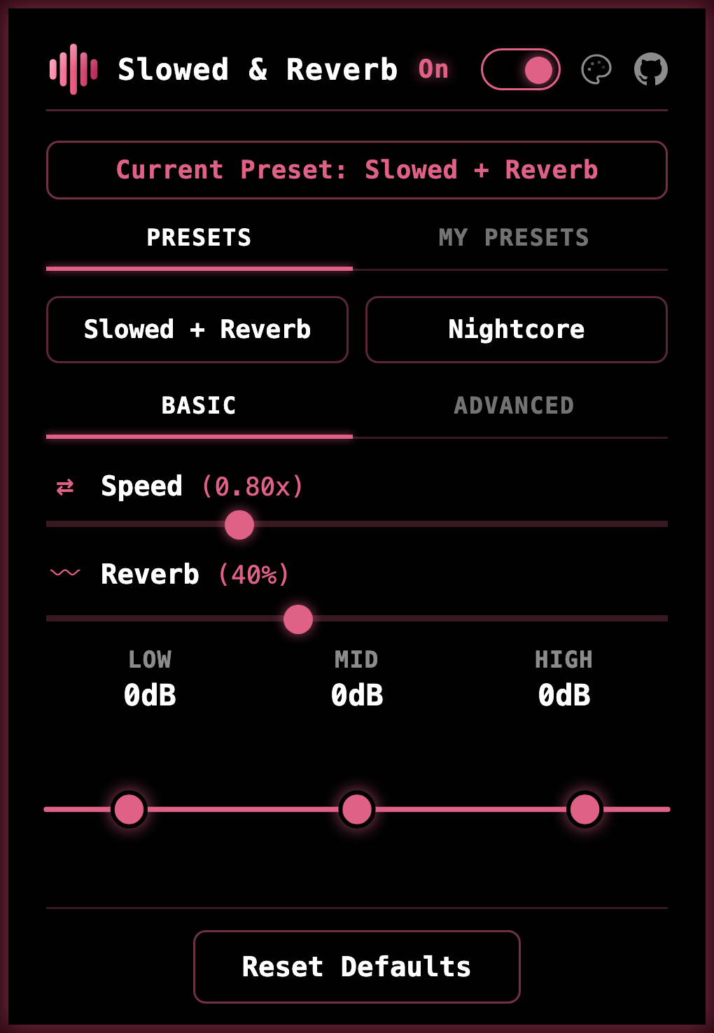 The Slowed & Reverb popup with the Slowed + Reverb preset applied: speed at 0.80x, reverb at 40%, and a flat EQ.