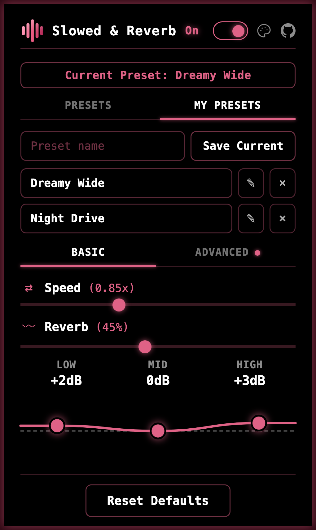 The My Presets tab of the popup with two saved presets, Dreamy Wide and Night Drive.