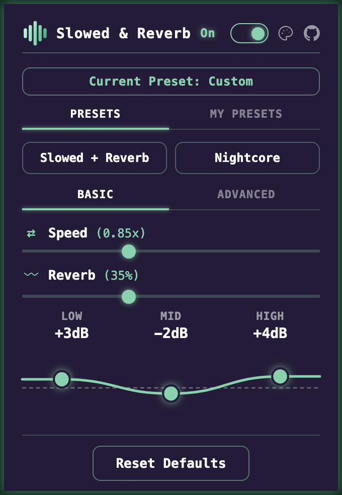 The popup in the Midnight theme, green on deep purple.